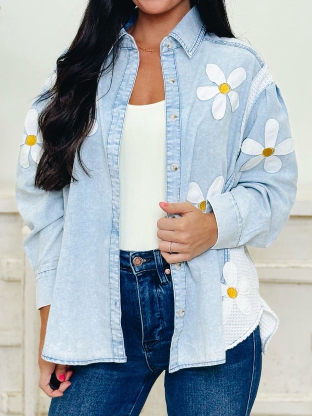 DAVI & DANI Light Blue Denim Shirt with White Daisy Appliqués